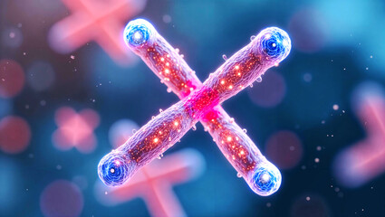 close up of human X chromosome with telomeres visibles on both ends of chromosome. A telomere is a region of the DNA sequence at the end of a chromosome. blurred background
