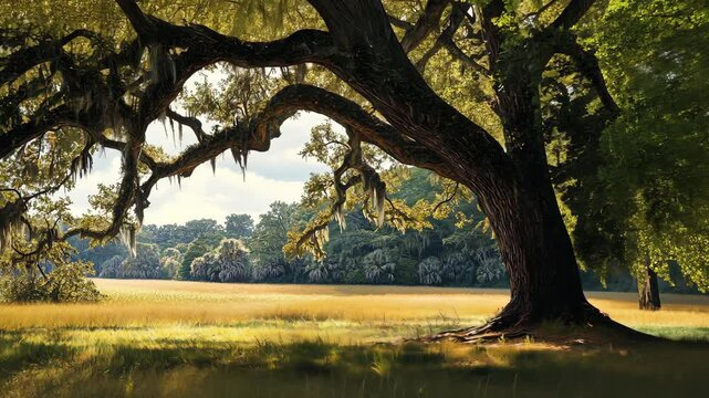 A large oak tree with Spanish moss hangs over a grassy field, bathed in the warm light of the afternoon sun