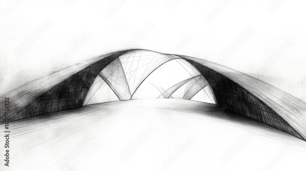 Poster an abstract bridge design features flowing lines and curves, set against a soft gray background that