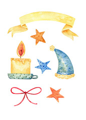  A set of illustrations for the New Year and Christmas. Set of Christmas decorations isolated on a white background. Watercolor illustration: sock, gift, ribbon, present, stars, candle, cookies