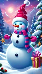 Obraz premium smiling cheerful Snowman in a hat and scarf in a winter snowy forest, winter background