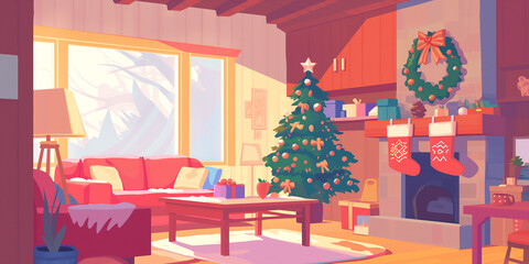 Fototapeta premium Warm Christmas Cottage Interior: Fireplace, stockings, and tree. 2D Stylized Illustration