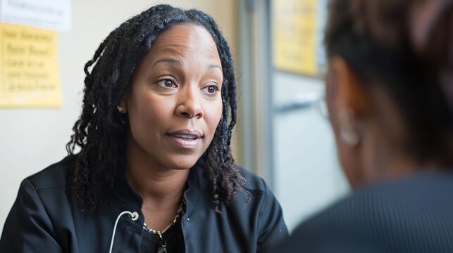 A probation officer meeting with a parolee, showing the corrections system's focus on reintegration