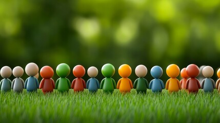 Wooden figures in lush green grass, a charming outdoor scene of unity and nature