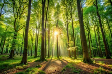 Fototapeta premium Dense forest with tall trees and dappled sunlight filtering through the leaves, dappled light, nature, forest