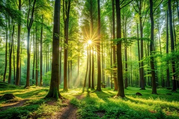 Fototapeta premium Dense forest with tall trees and sunlight filtering through leaves, undergrowth, leafy branches