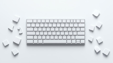 Minimalist workspace with white keyboard and scattered keys, creating serene atmosphere