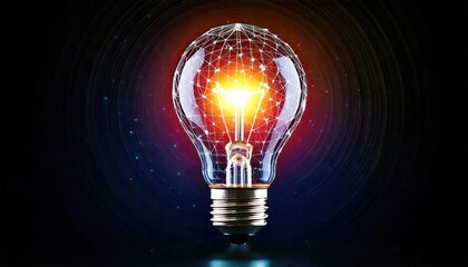 A light bulb with a complex digital network inside against a dark technological background. Artificial intelligence and Innovative technology concept.