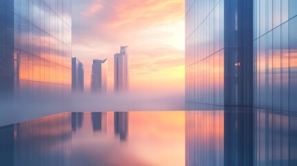 Fototapeta premium Modern skyscrapers reflecting in rooftop infinity pool during sunset