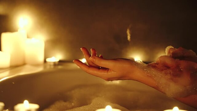 close-up wet woman hand gently touching washing cleaning healthy skin arw fingers part of body, takes bath with soap foam girl bathes warm water white bathtub. aroma candles light dark home spa salon
