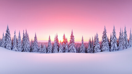 Magical winter forest with snow covered trees at sunrise, creating serene atmosphere
