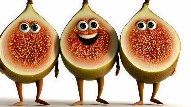 Three cartoon figs stand in a row, with one smiling and the other two looking straight ahead