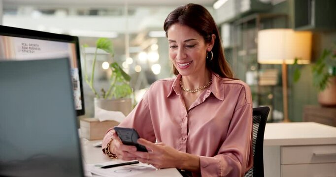 Computer, phone and typing with business woman at desk in office for administration or report. Interior design, magazine website and text message with happy editor or publisher employee in workplace