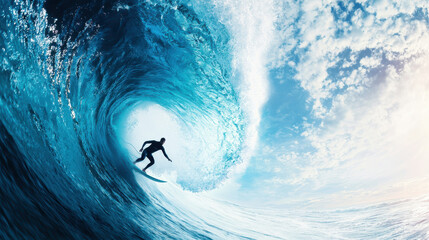 Surfer riding big wave with ocean splashes and dramatic sky