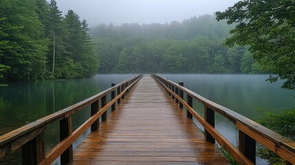 Naklejka premium A wooden bridge extends into a misty lake, shrouded in fog, with lush green trees lining the shore.