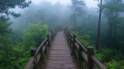 Fototapeta premium A wooden bridge leading through a foggy forest.