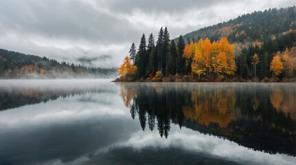 Fog in nature. A misty forest in autumn with a mix of evergreen and yellow-orange deciduous trees