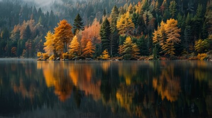 Obraz premium Fog in nature. A misty forest in autumn with a mix of evergreen and yellow-orange deciduous trees