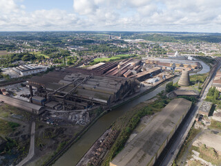 Industrial manufacturing steel and metal. Charleroi, Belgium blast furnace installation. Aerial drone photos.