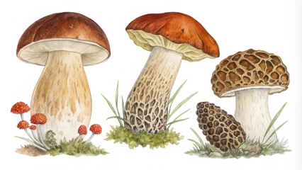 Watercolor Mushroom Collection Porcini, Morels, Shiitake on White Background