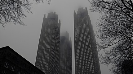 City Enigma: Skyscrapers rise from the fog, their upper floors disappearing into the gray unknown. 