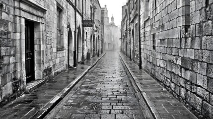Naklejka premium Damp Alley: Cobblestone streets vanish into the haze, inviting intrigue and hidden stories. 