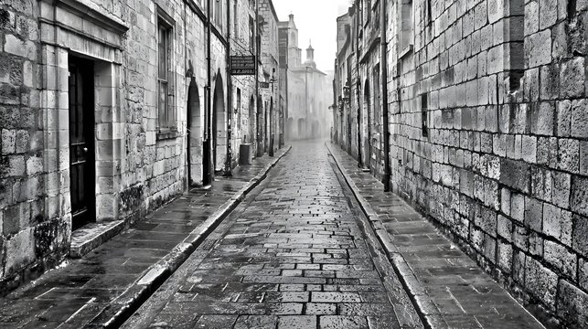 Damp Alley: Cobblestone streets vanish into the haze, inviting intrigue and hidden stories. 