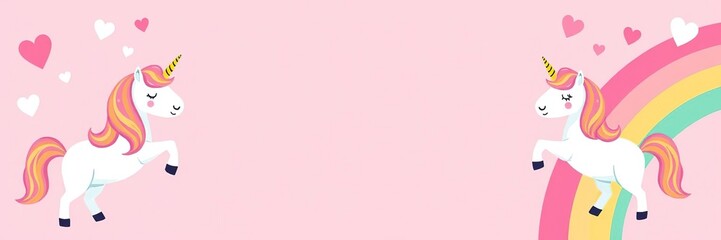 Naklejka premium Cute and playful pink background with various adorable objects like hearts, unicorns, and rainbows, sweet, trendy, cheerful