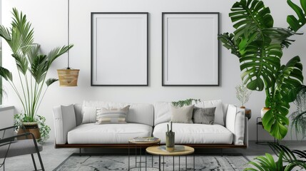 Modern living room with mock-up frames, retro sofa, plants, coffee tables, and personal accessories. Trendy setup.