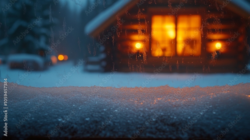 Poster a rustic cabin glows with warm light, its windows radiating comfort against the backdrop of a snowy 