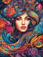 A vibrant, colorful portrait of a woman with floral elements and flowing hair.