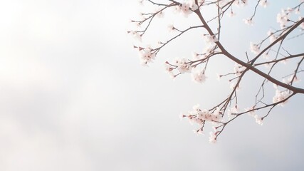 Ethereal cherry tree branches reaching towards a pastel misty sky, dreamy, branches