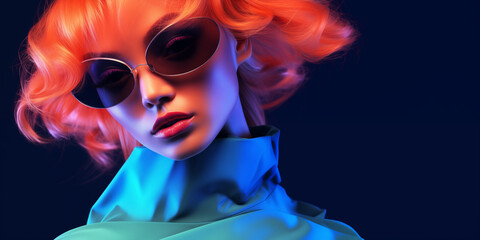 Fototapeta premium Surreal girl face concept poster. Futuristic woman. Digital illustration. AI artwork.