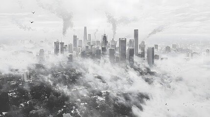 Obraz premium Glimpses of Skyline: The city’s iconic skyline peeks through gaps in the fog, a game of hide-and-seek. 