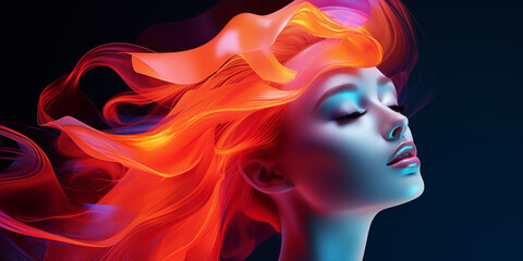 Surreal girl face concept poster. Futuristic woman. Digital illustration. AI artwork.