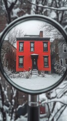 Red house seen through magnifying glass during snowfall