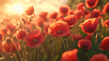 Obraz premium Beautiful sunrise over vibrant red poppies in enchanting scene picture