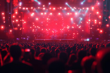 The stage during a concert is lit with bright red light and floodlights.