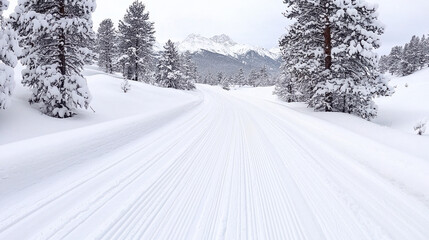 Snowy road with pine trees and mountains in distance creates serene winter landscape