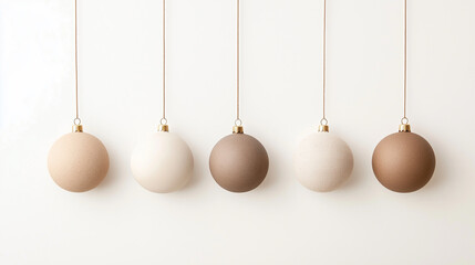 Minimalist Christmas ornaments hanging on a white wall, made from raw clay and natural linen, neutral tones, Scandinavian-inspired design