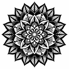 Detailed Black and White Mandala Illustration - Symmetrical Floral Pattern