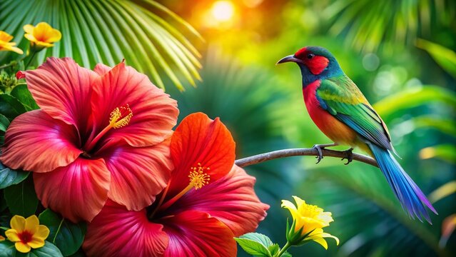 Vibrant Hibiscus Flower and Paille en Queue Bird in Tropical Paradise &ndash; Stunning Product Photography for Nature Lovers