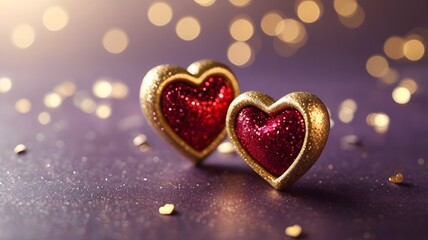 Fototapeta premium Valentines day, anniversary background with red gold hearts on purple defocused bokeh lights, copy space