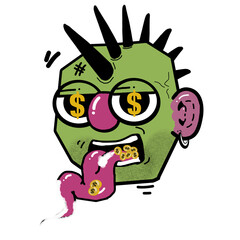 punk vector human cartoon face isolated on png background, the meaning of the picture is, don't care about appearance, all he wants is money to eat