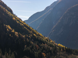 Aerial view of Autumn mountains in Val di Mello, Sondrio Province, Lombardy, Italy