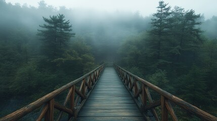 Fototapeta premium A wooden bridge stretches through a misty forest, leading to an unknown destination.