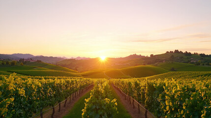 Fototapeta premium Sunset view over vineyard with rolling hills creates serene atmosphere
