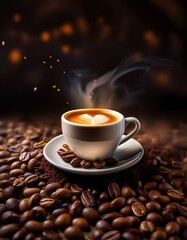 Fototapeta premium Café cremoso e intenso con un fondo de granos de café Arábica tostados