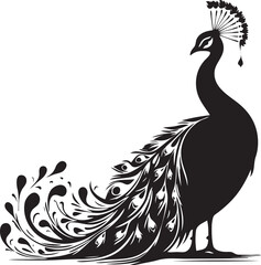Fototapeta premium Majestic Peacock Silhouette: An elegant black and white illustration of a peacock, its tail feathers intricately designed with swirling patterns.