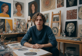 A young artist sits in his studio, surrounded by various paintings and artwork